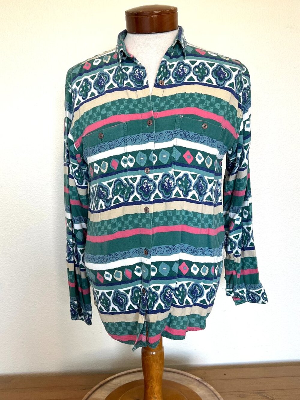 90's Funky Print Mens Shirt - Paris Sport Club - Size Large